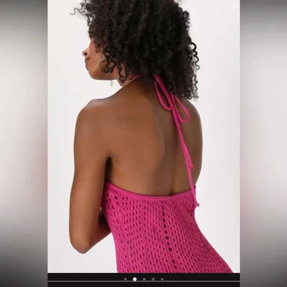 Sensational Sunshine Magenta Crochet Halter Midi Dress - Picture 2 of 3